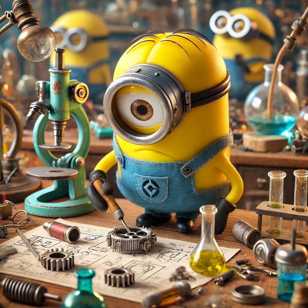 Focused Minion Tinkering in The Lab | DALL-E 3 AI image prom...