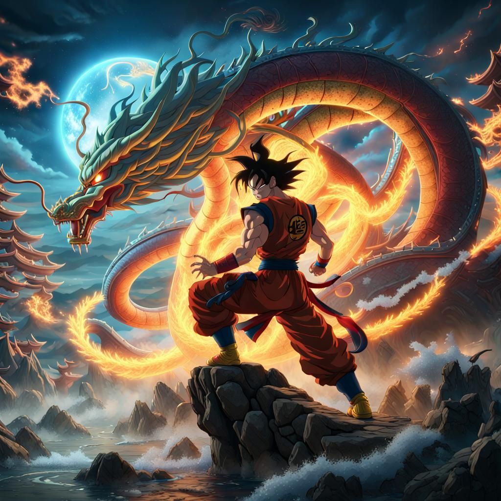 Goku_ss4 is summing shenlong, detailed matte painting, deep color ...