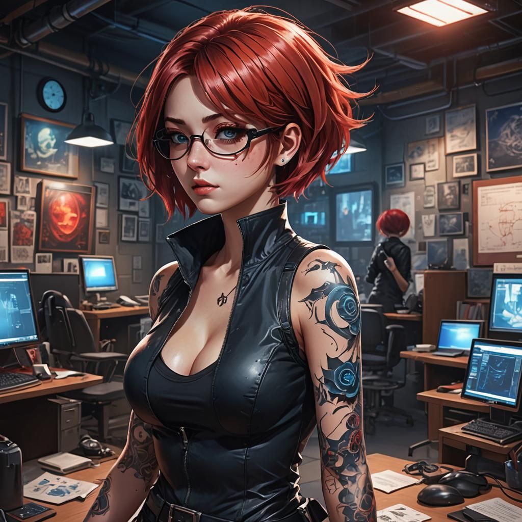 Anime Hacker Girl with Red Hair in Digital Painting
