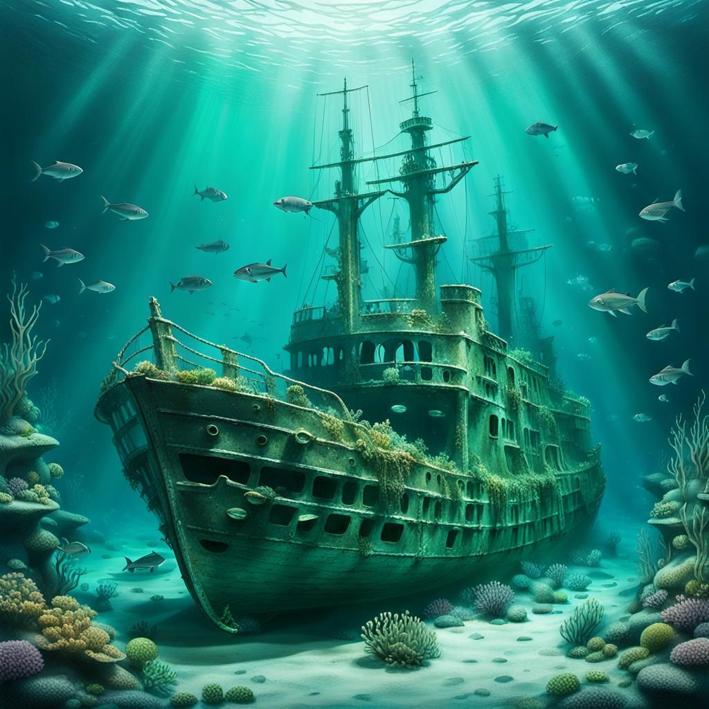 Create an artwork that showcases an underwater shipwreck scene. The ship is submerged deep into the sea ...  by @Keoni 
