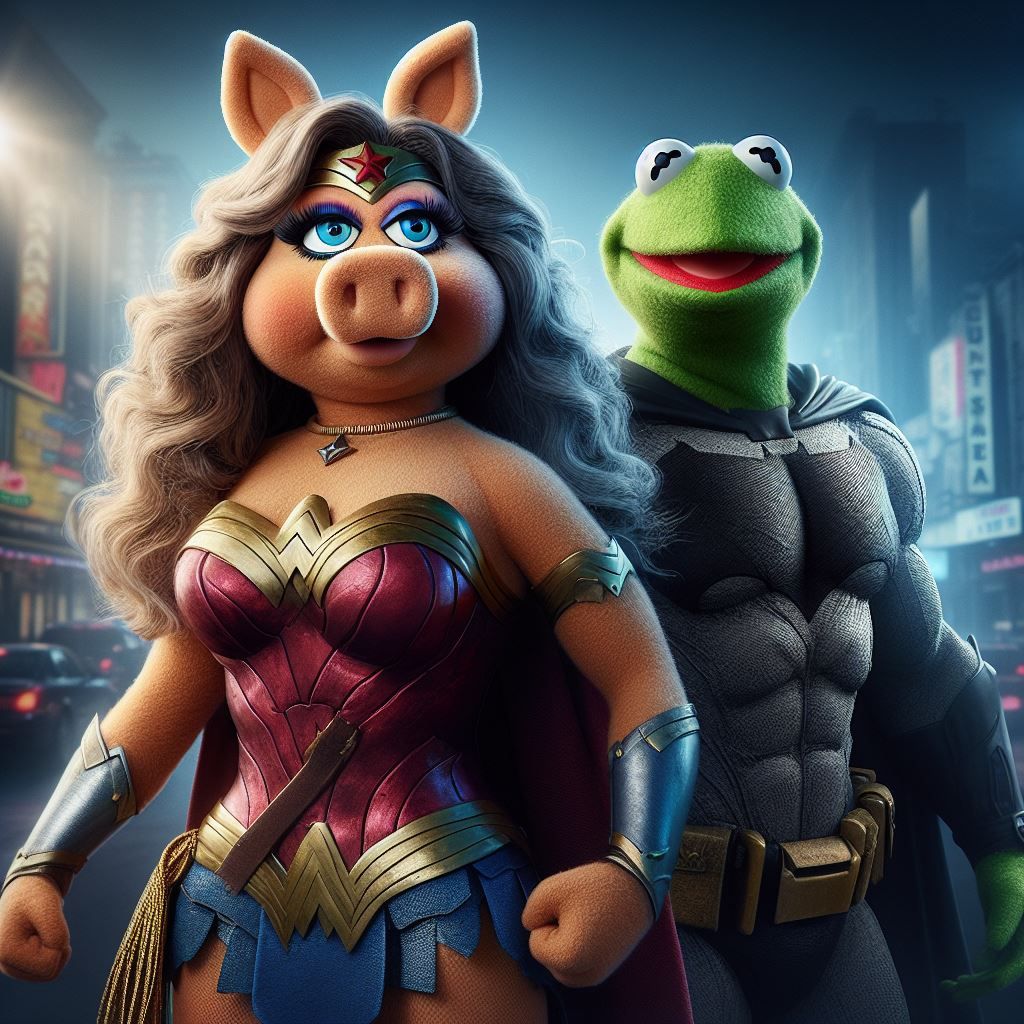 Miss Piggy Wonder Woman and Kermit Batman
