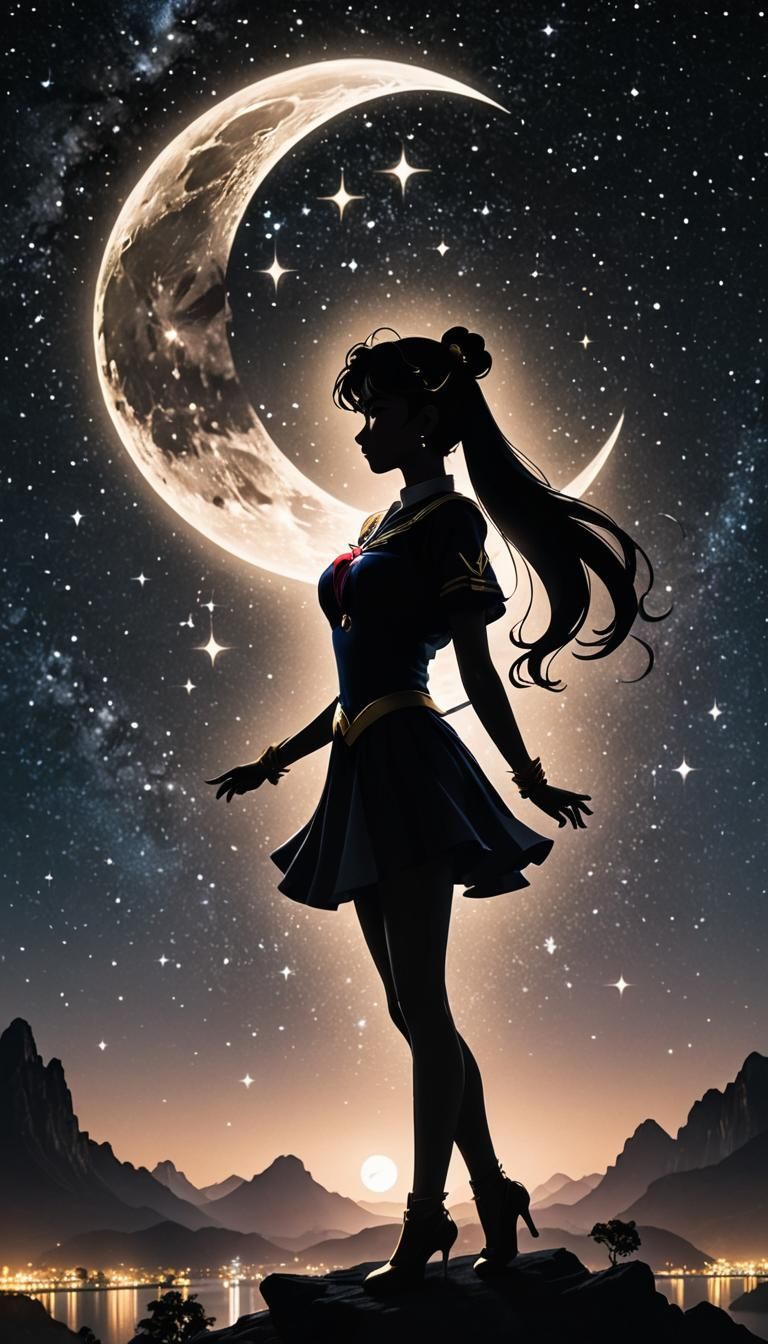 A Silhouette Sailor Moon(black shadow) in her famous pose as...