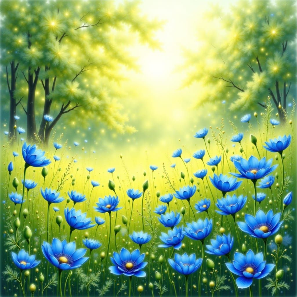 Ein wunder schöner Frühlingstag , eine Wiese mit blauen Mohnblumen.<lora:Bunte Vielfalt:1.0>