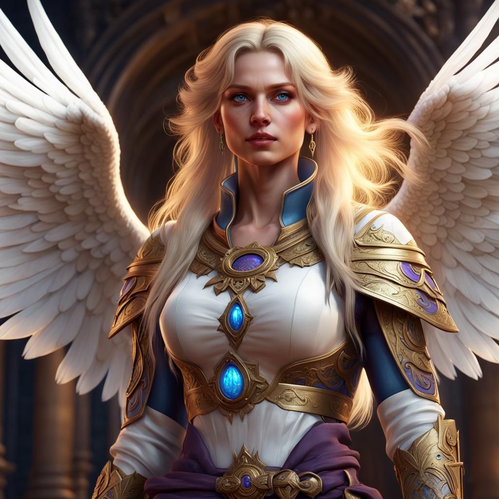 Female aasimar with blonde hair and blue eyes in common clot...