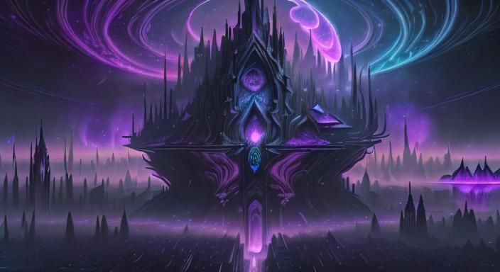 Purple & Black Atompunk Retrofuturistic Cosmic Nighttime Cityscape, Urban Landscape, Deep Starry Sky, mise en abysme, Recursive Fractal Cosm...