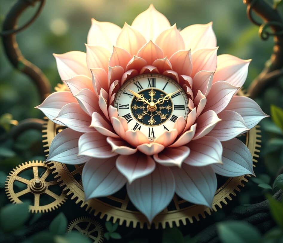 a melting clock-flower in a dreamlike clockwork jungle. Inspired by H.R. Giger and Zdzisław Beksiński. Golden hour lighting, eerie atmospher...