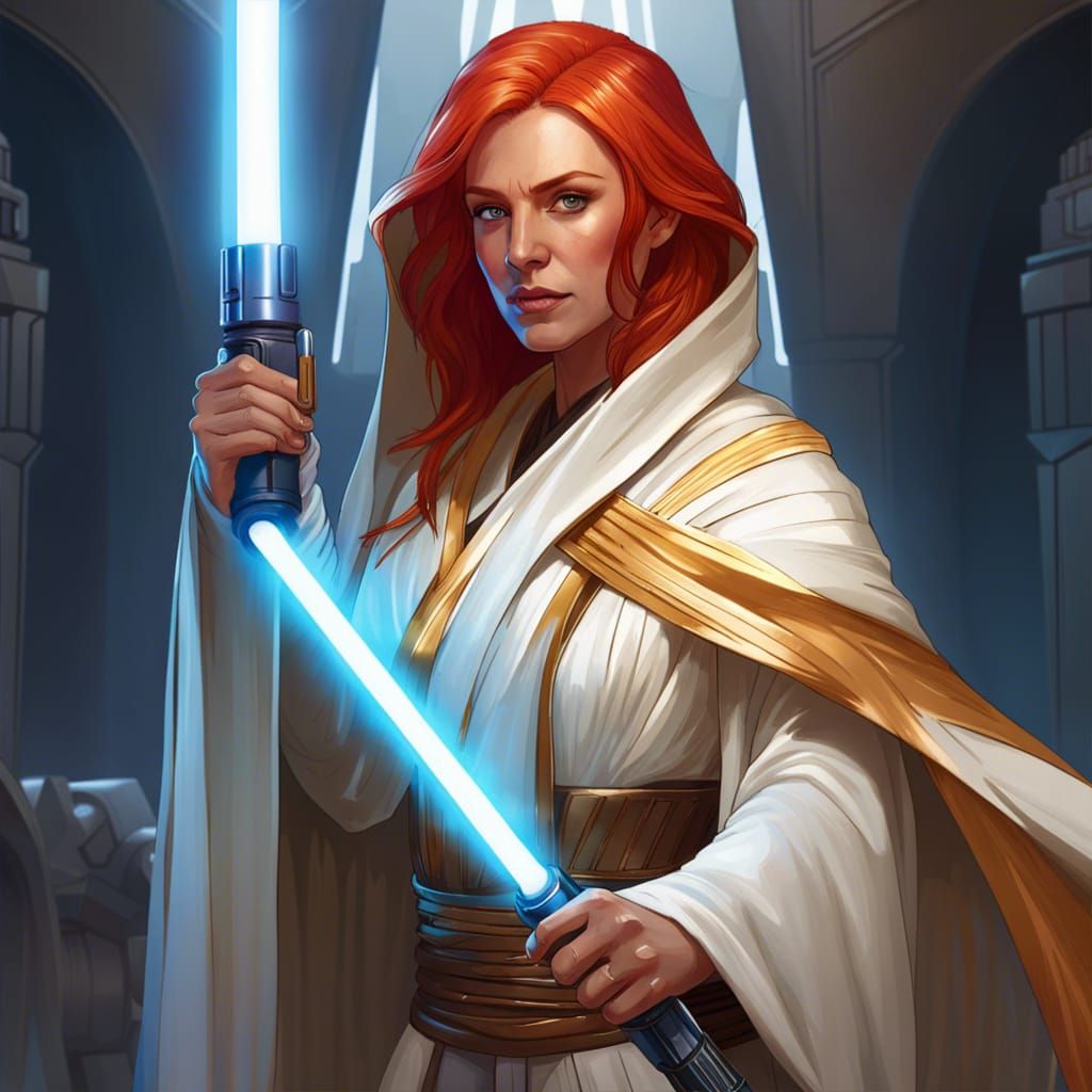 A women with red hair wearing white and gold high republic jedi robes ...