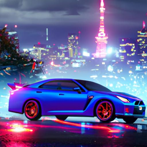 Nissian Skyline lit with blue and red neon lights