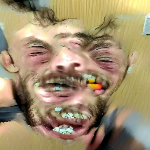 Hyper realistic face of a crazed man on a drug bender
