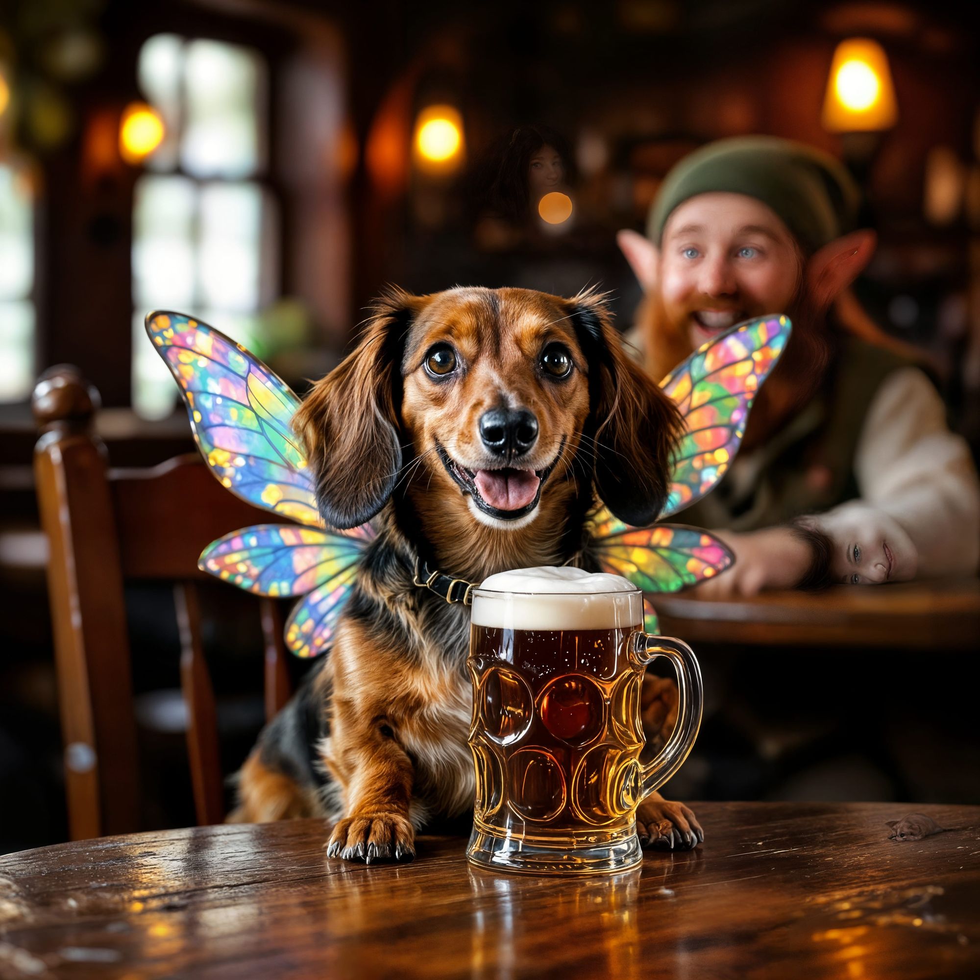 Little red dachshund dog with fairy wings, is sitting in a wood chair at a wood table in an Irish style pub. The little dogs has her paws ar...