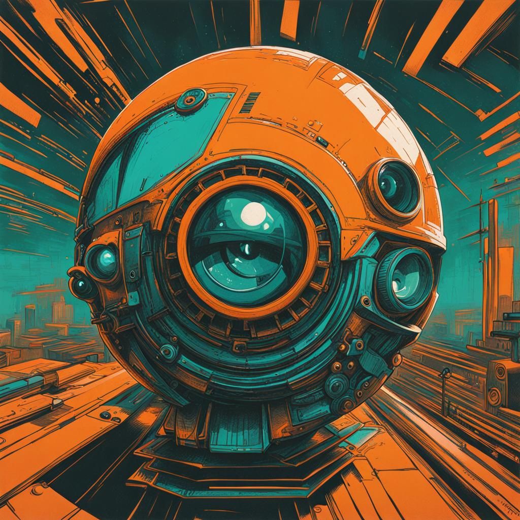 gouache Rafael Santi orange and teal precisionism woodcut fi...