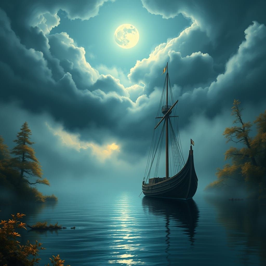 Ethereal Viking Ship on a Serene Lake at Night