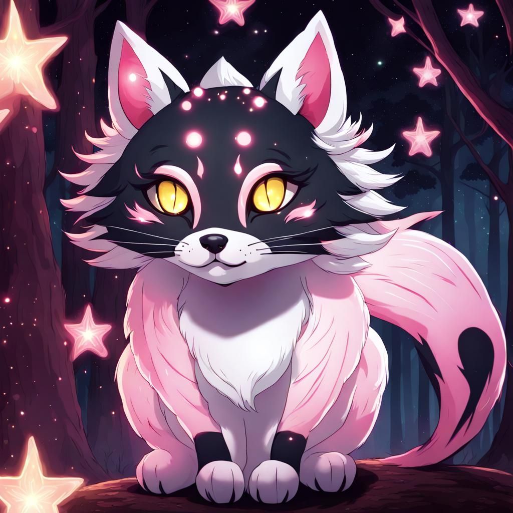 A beautiful mythical 4 tailed fox-cat creature, with pink an...