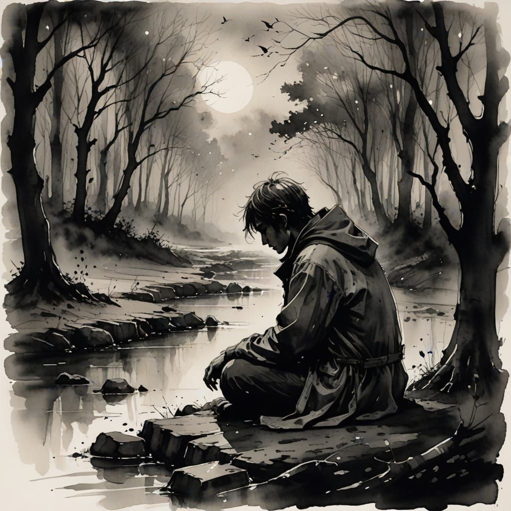I long for your soul, I dream of your voice, you, my endless night (inkwash)  by @Margherita