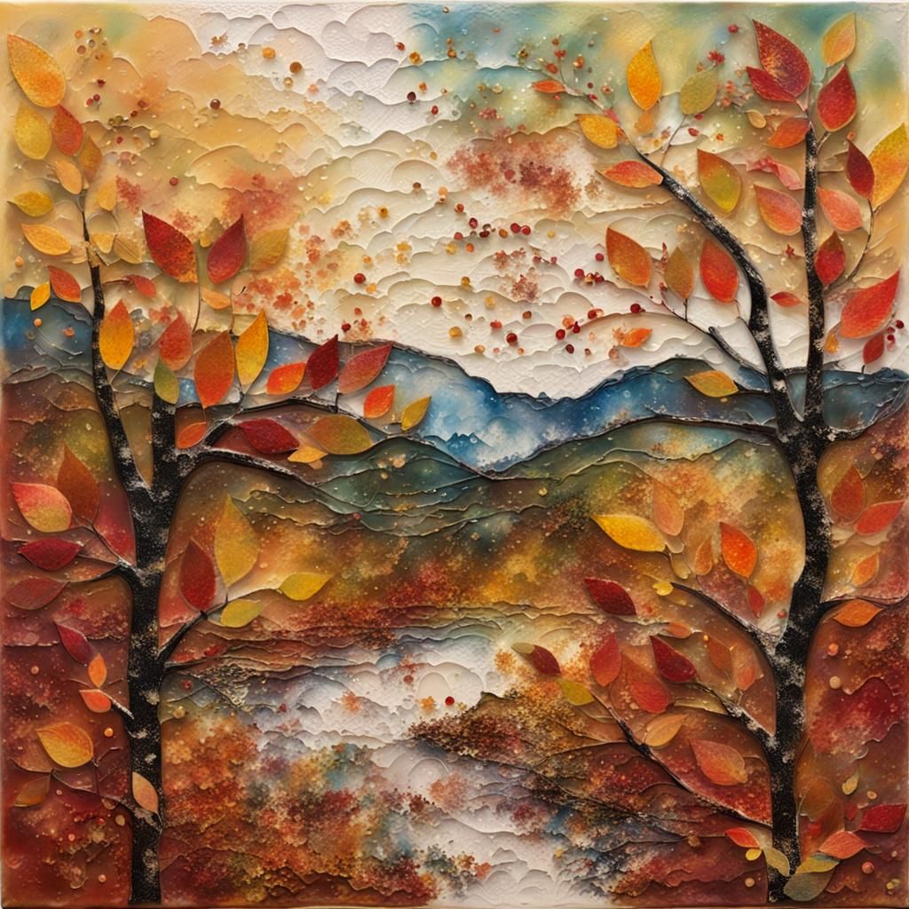 autumn leaves on a branch framing a landscape