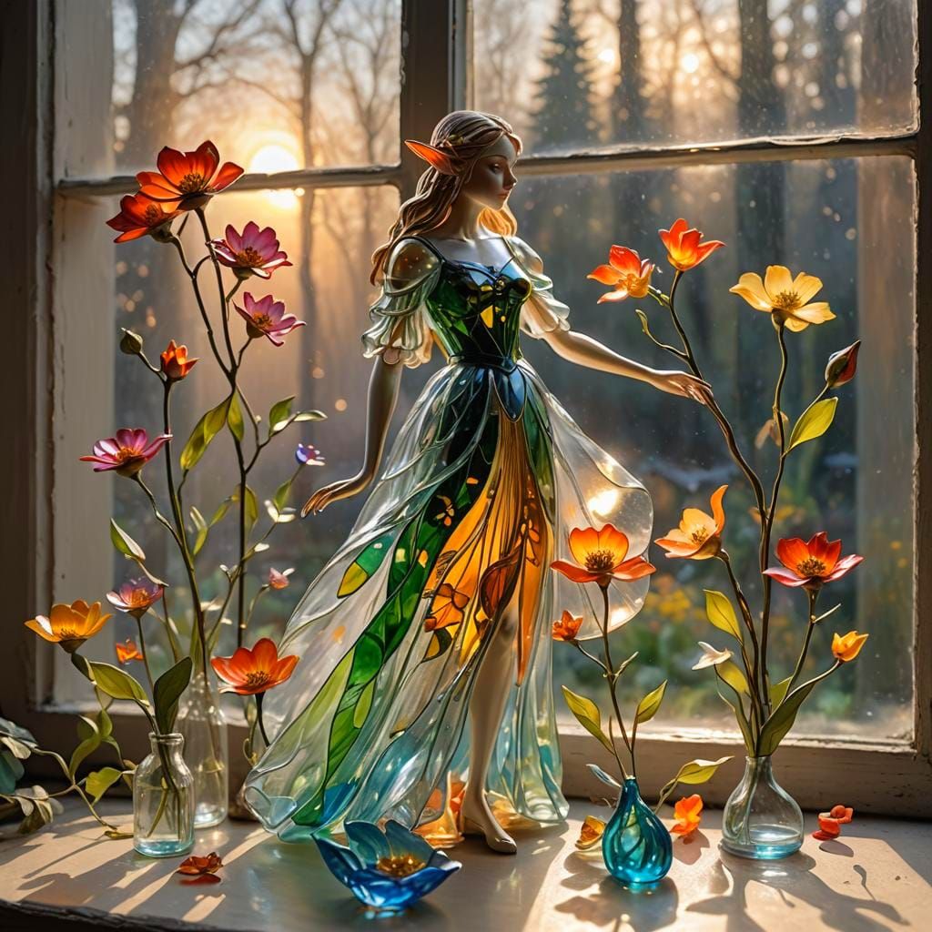 A series of delicate glass flowers, their petals painted with vibrant enamels, capturing the beauty and ...  by @Anonymous user