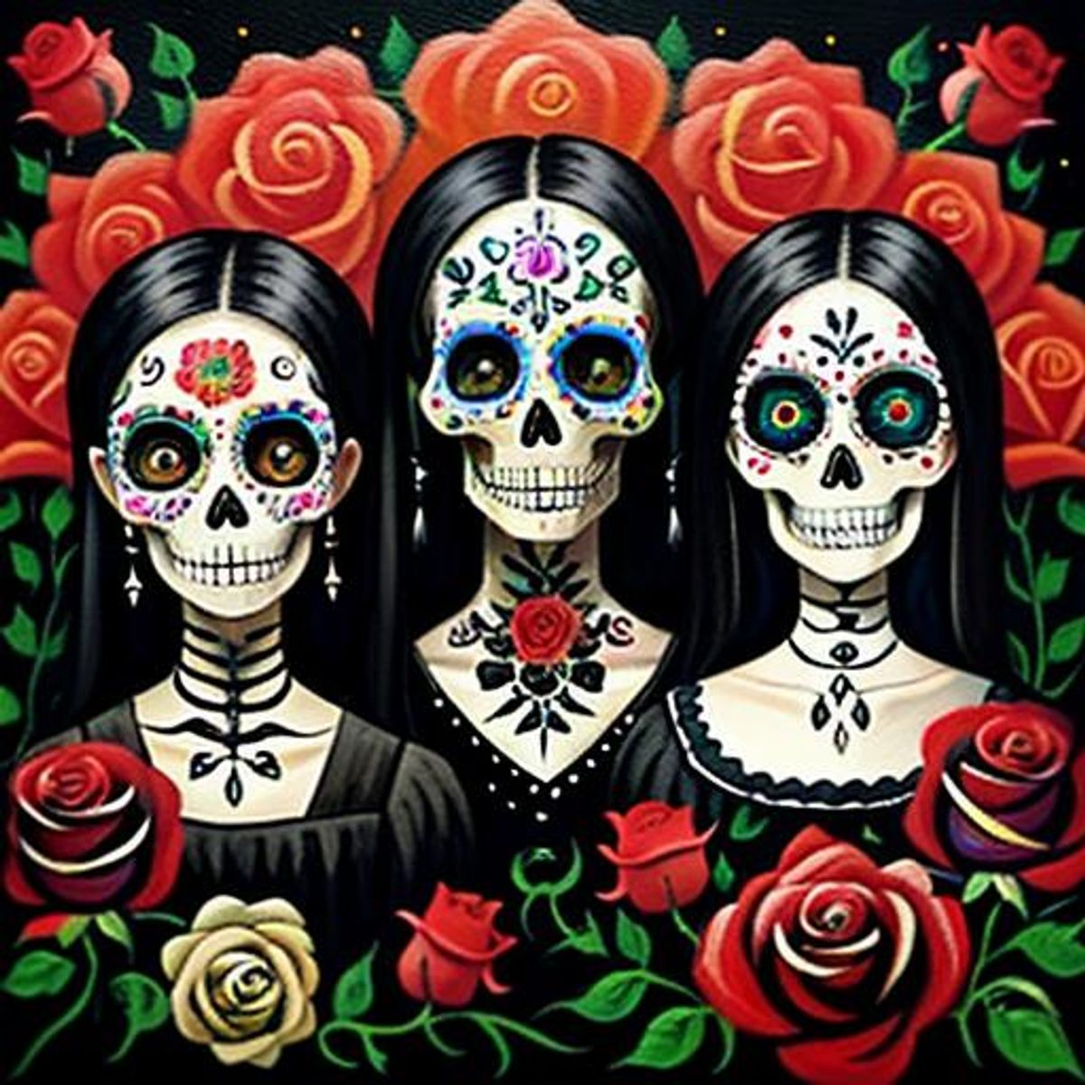 three sugar skull skeletons with black roses for eyes, vivid multi ...