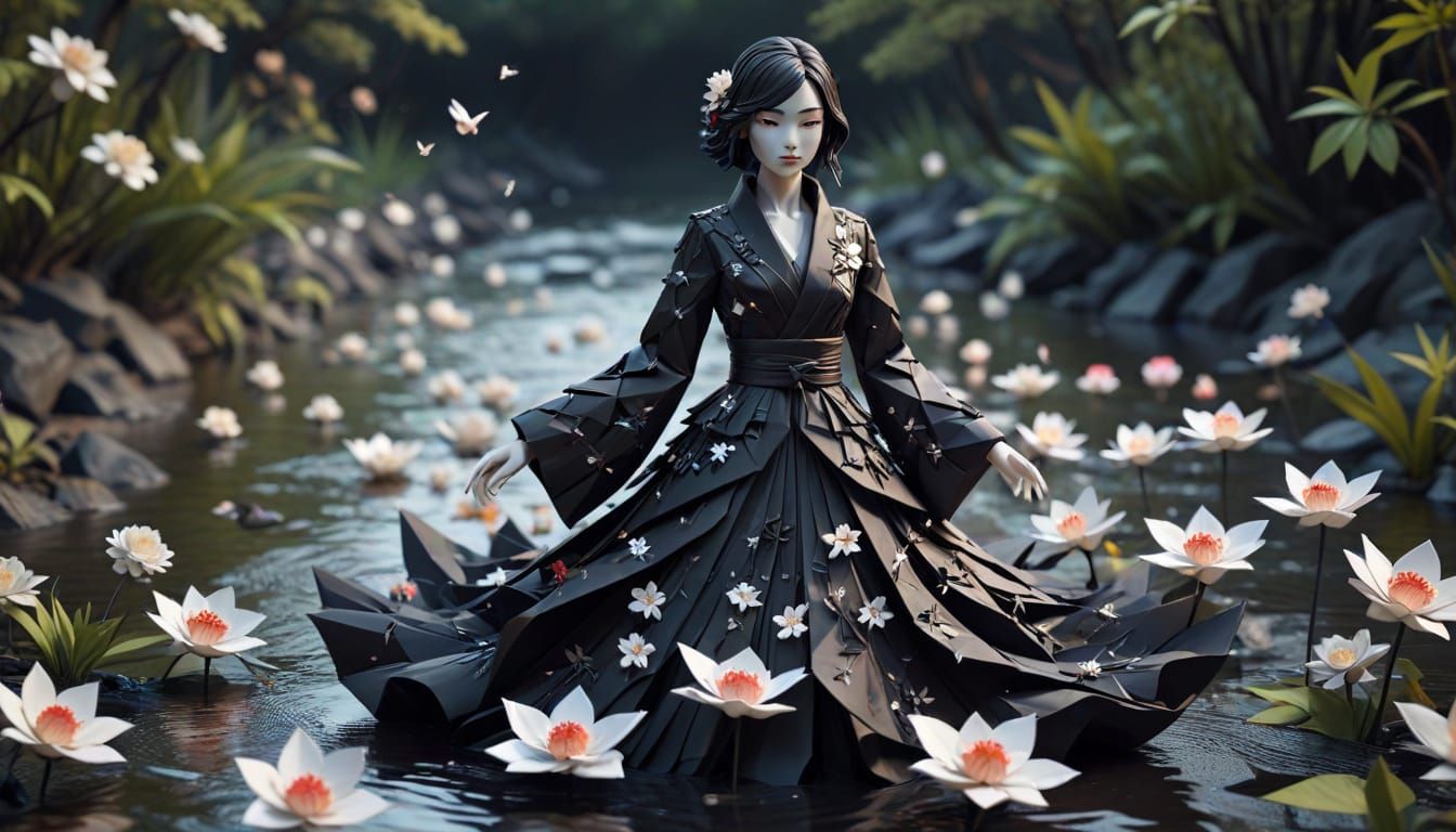 Anthropomorphic Woman wearing a flowing black jacket, paper origami, many origami higanbana flowers, ...  by @The Quantum AI Journey