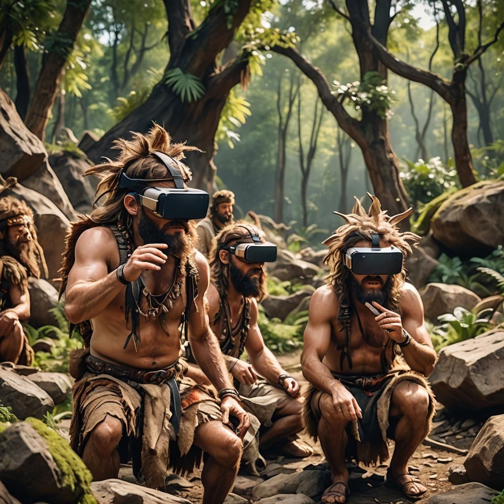 Cavemen in a prehistoric setting, experiencing virtual reality  by @Wawone