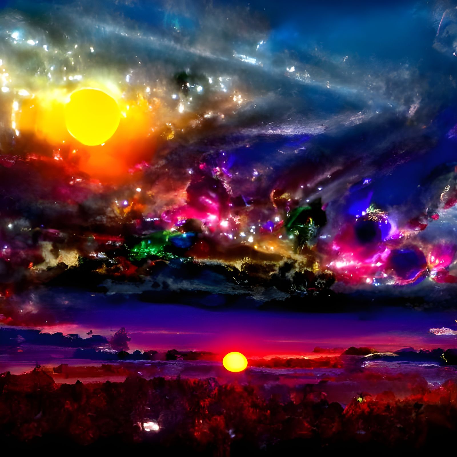 Sunset over many planets cosmic complex astral aurora colorf...