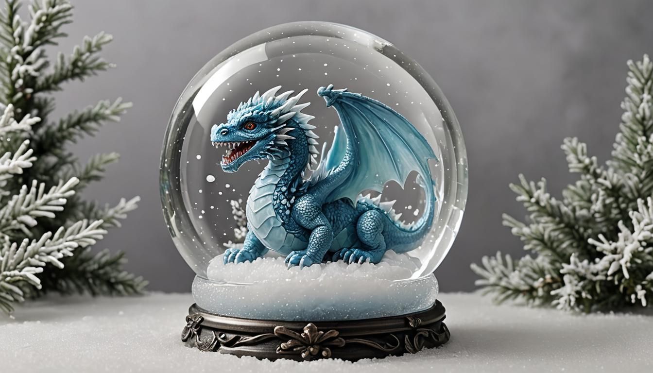 a glass snowglobe with a baby ice dragon in it