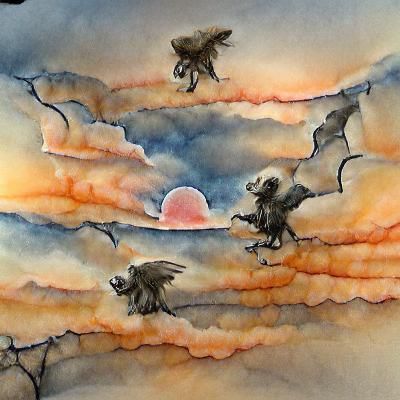 Fantasy flying monkeys sunset ink and wash 8k