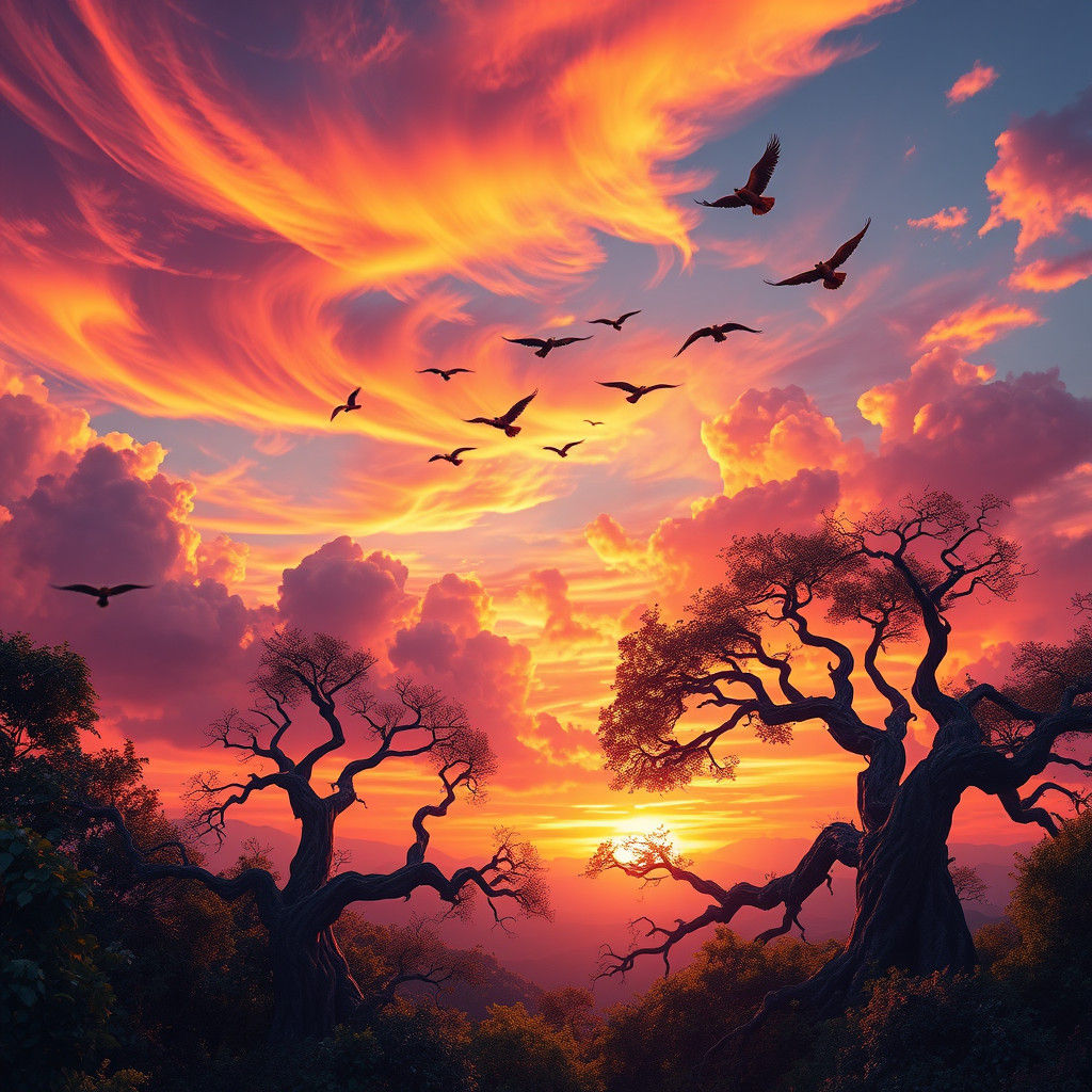 A scenery with a beautiful sinset and birds flying   by @Elysia Tiarks