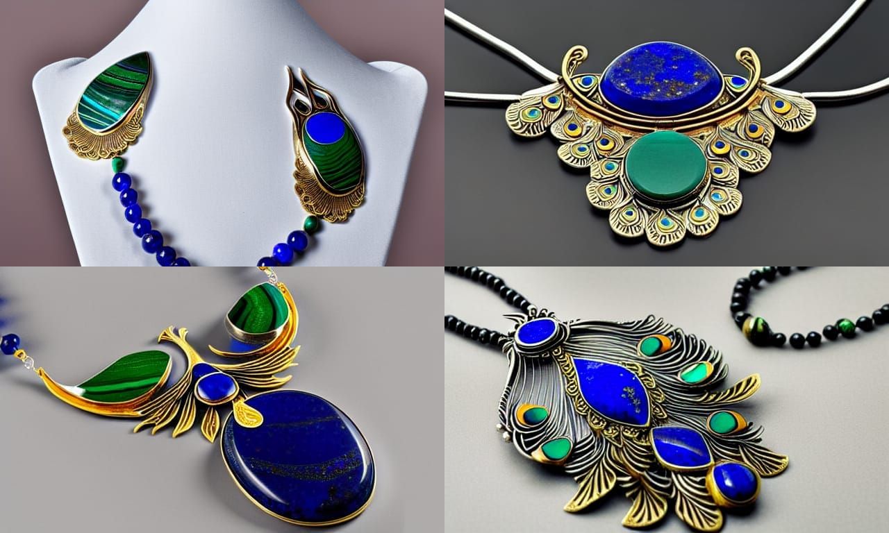 art nouveau peacock necklace made of silver and gold, lapis ...