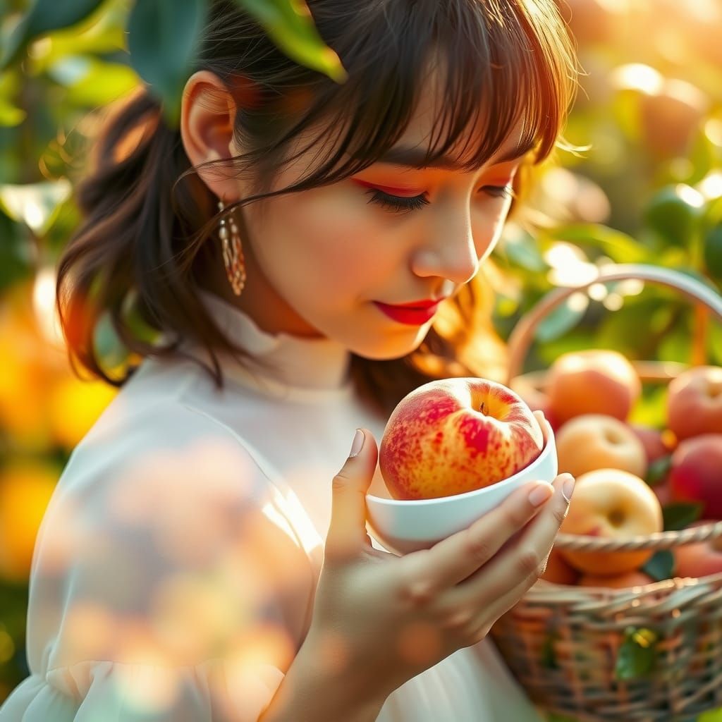 Woman with Peach in Golden Light