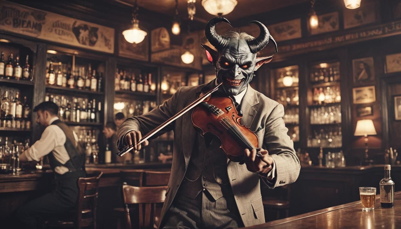 demon viola player in 1920s bar background depth with 10 lay...