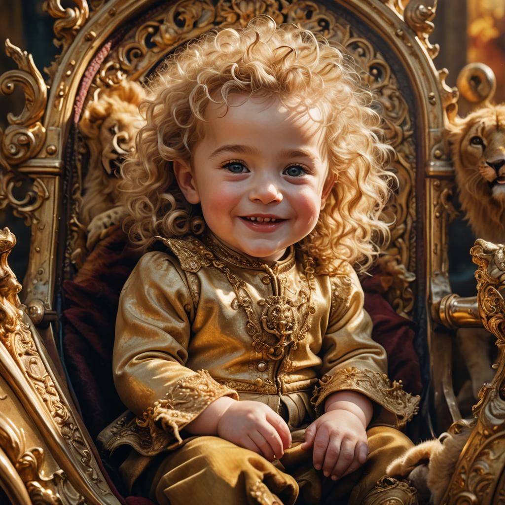 Blonde Baby in Golden Carriage, Flemish Oil Painting