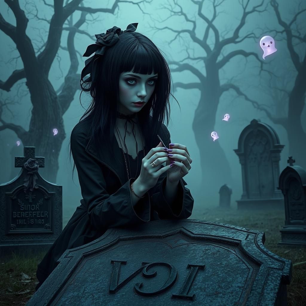 A perfect portrait of an beautiful emo girl with long black ...