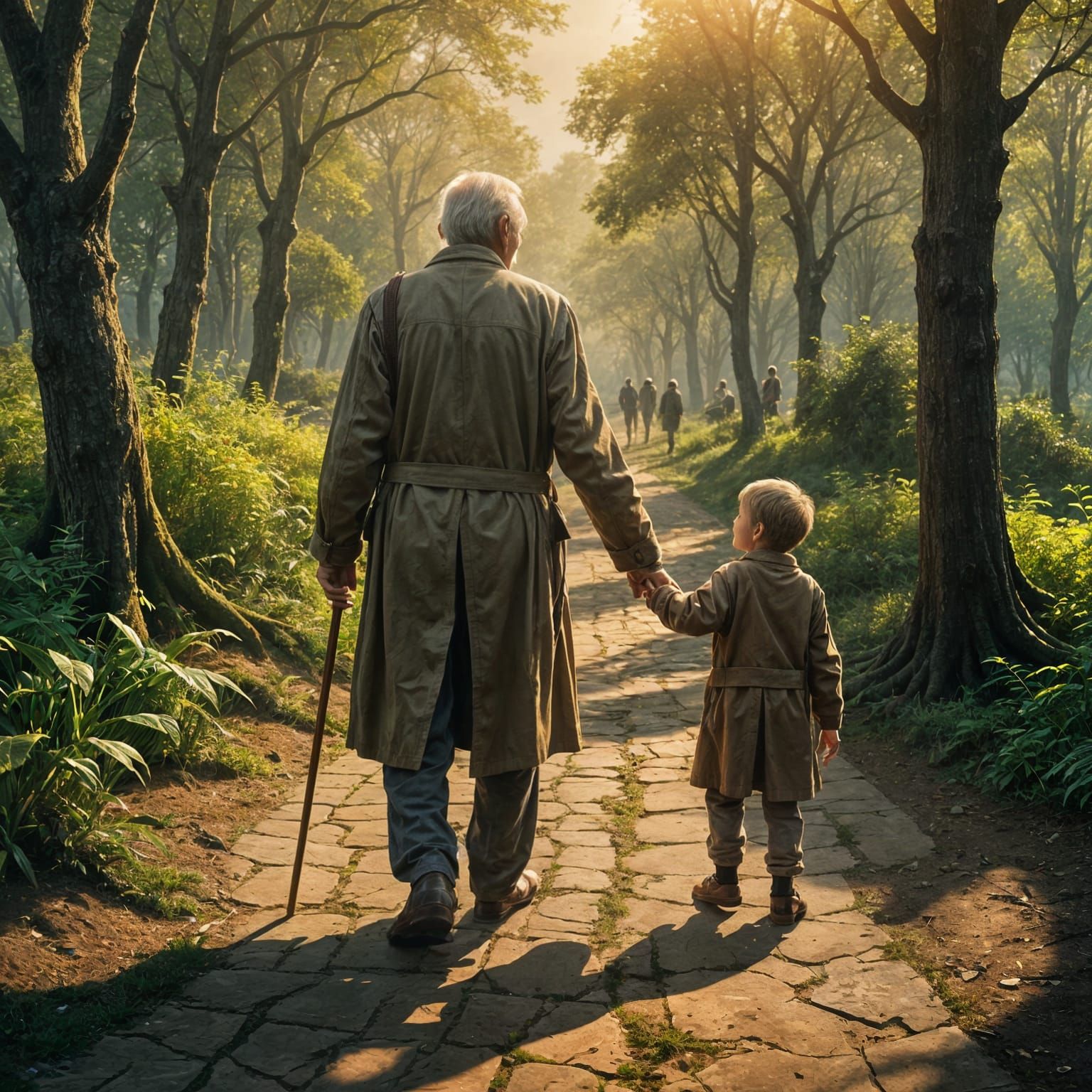 An elderly, hunched man with a wooden cane walks through a sunlit park. His frail body reflects the passage of time, but his eyes show pride...