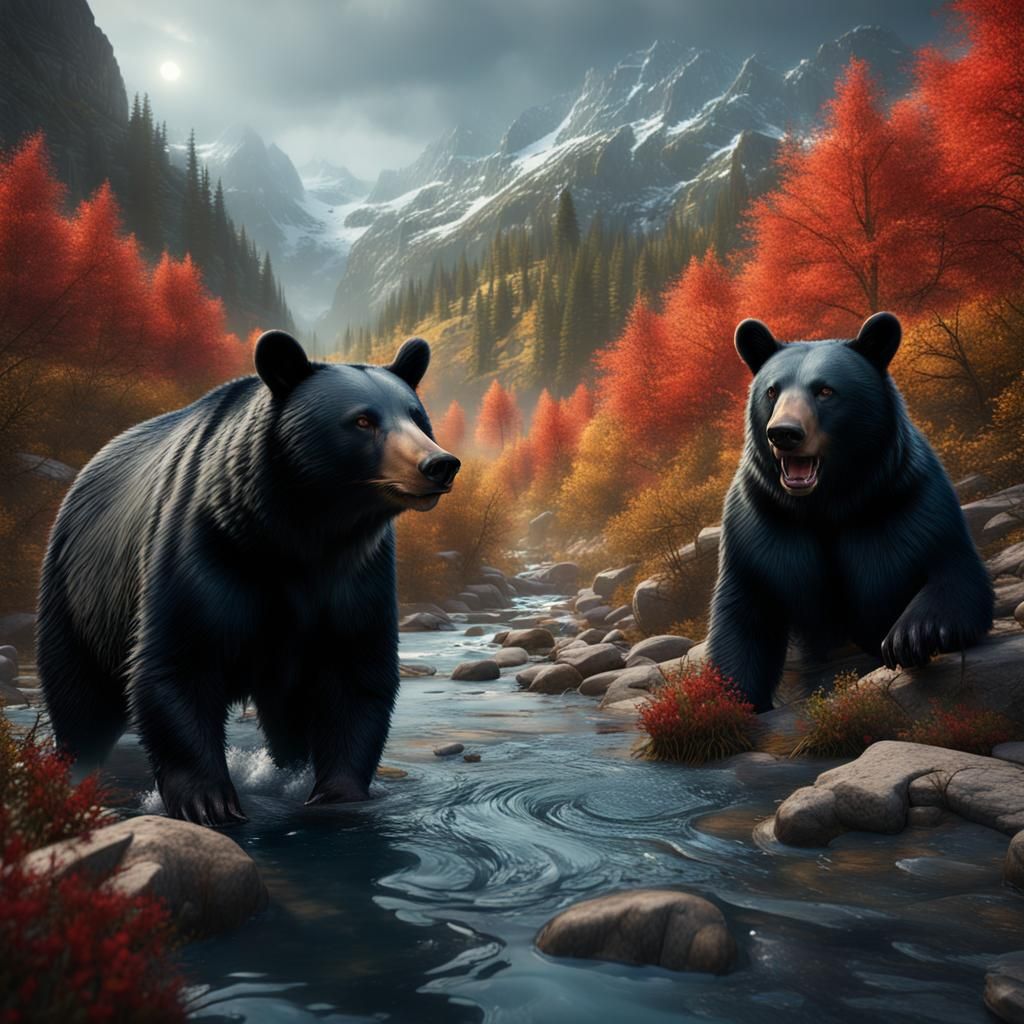 Black bears in a mountain stream  by @undefined