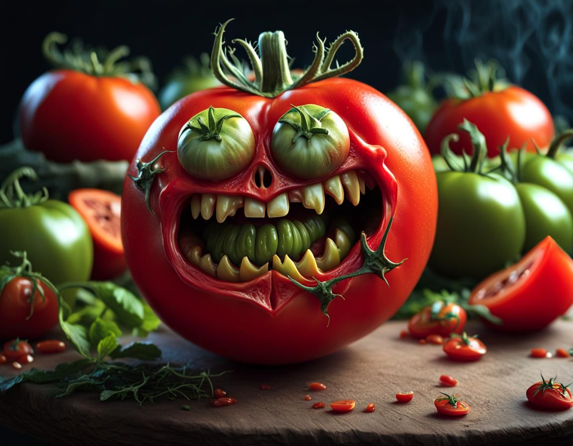 Anthropomorphized (((Tomato with zombie face features))). Rotting peel. Creepy. Horror. Intricate. Extremely detailed. h...