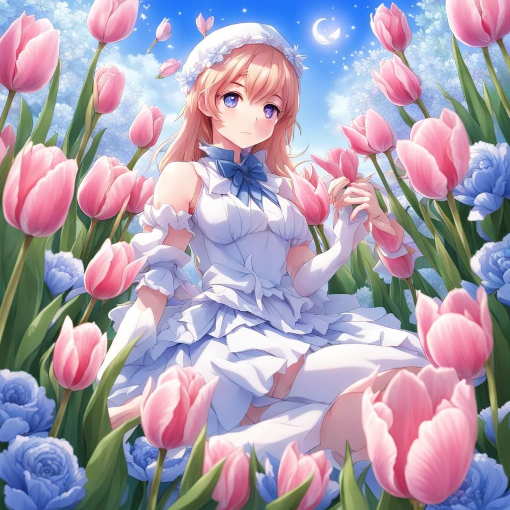 Girl sitting in an open field surrounded by pink and baby bl...