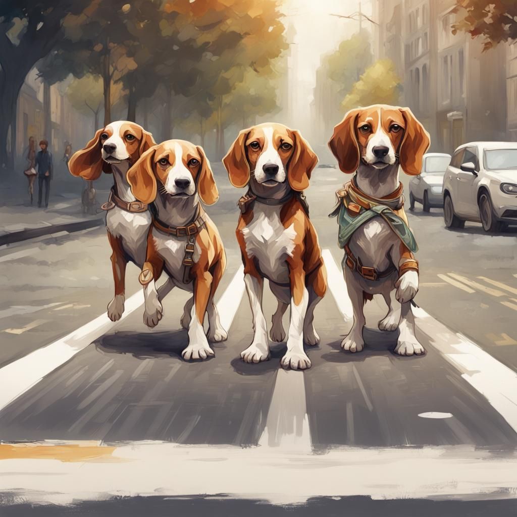 side Portrait of four adorable anthropomorphic beagles cross...