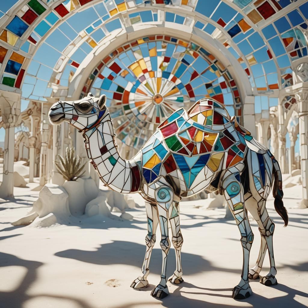 white biomechanical camel made of multi-colored shining stained glass in the middle of white wasteland