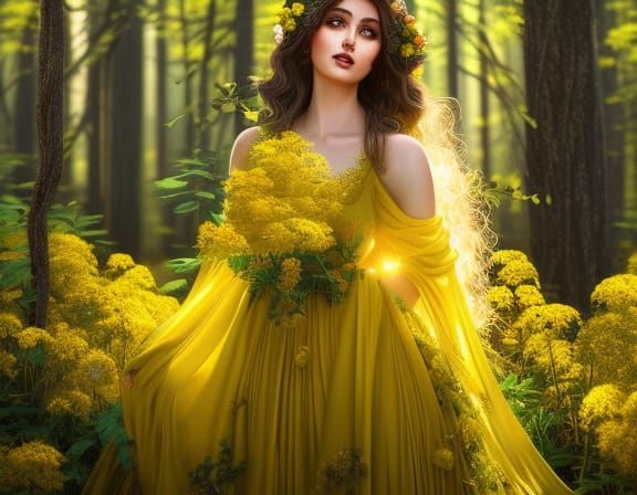 Beautiful dryad portrait, in an enchanted forest: bright yel...