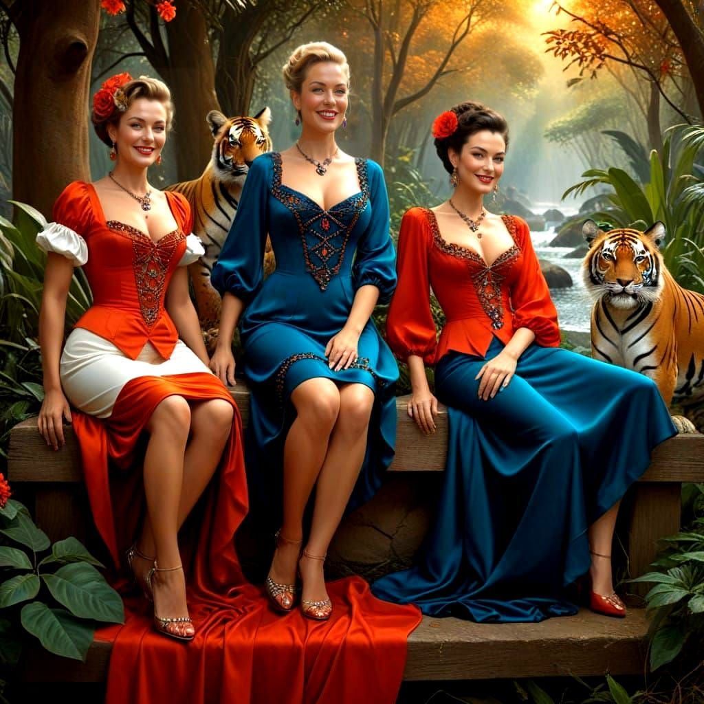 Surrealistic Scene of Happy Ladies and Oversized Cats in Vib...