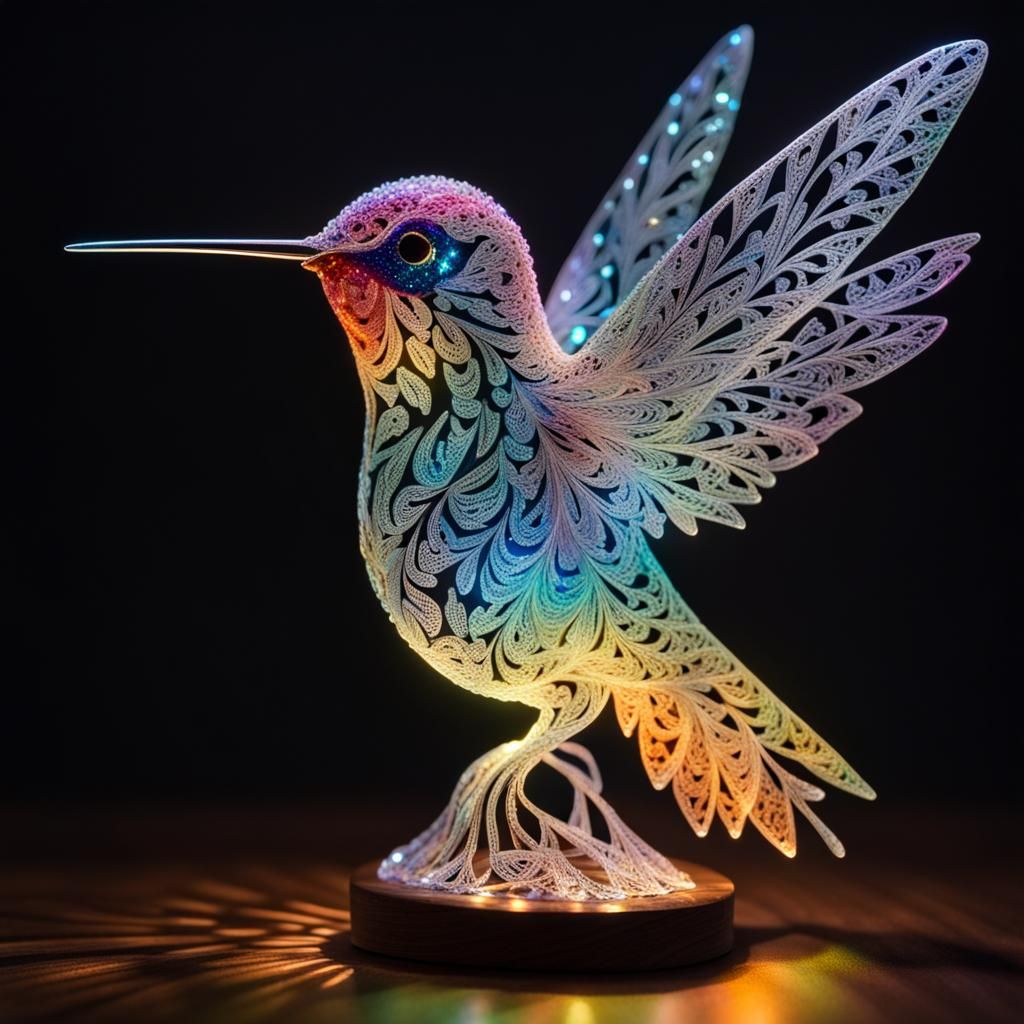 Intricate frozen fractals lace hummingbird sculpture, bright...