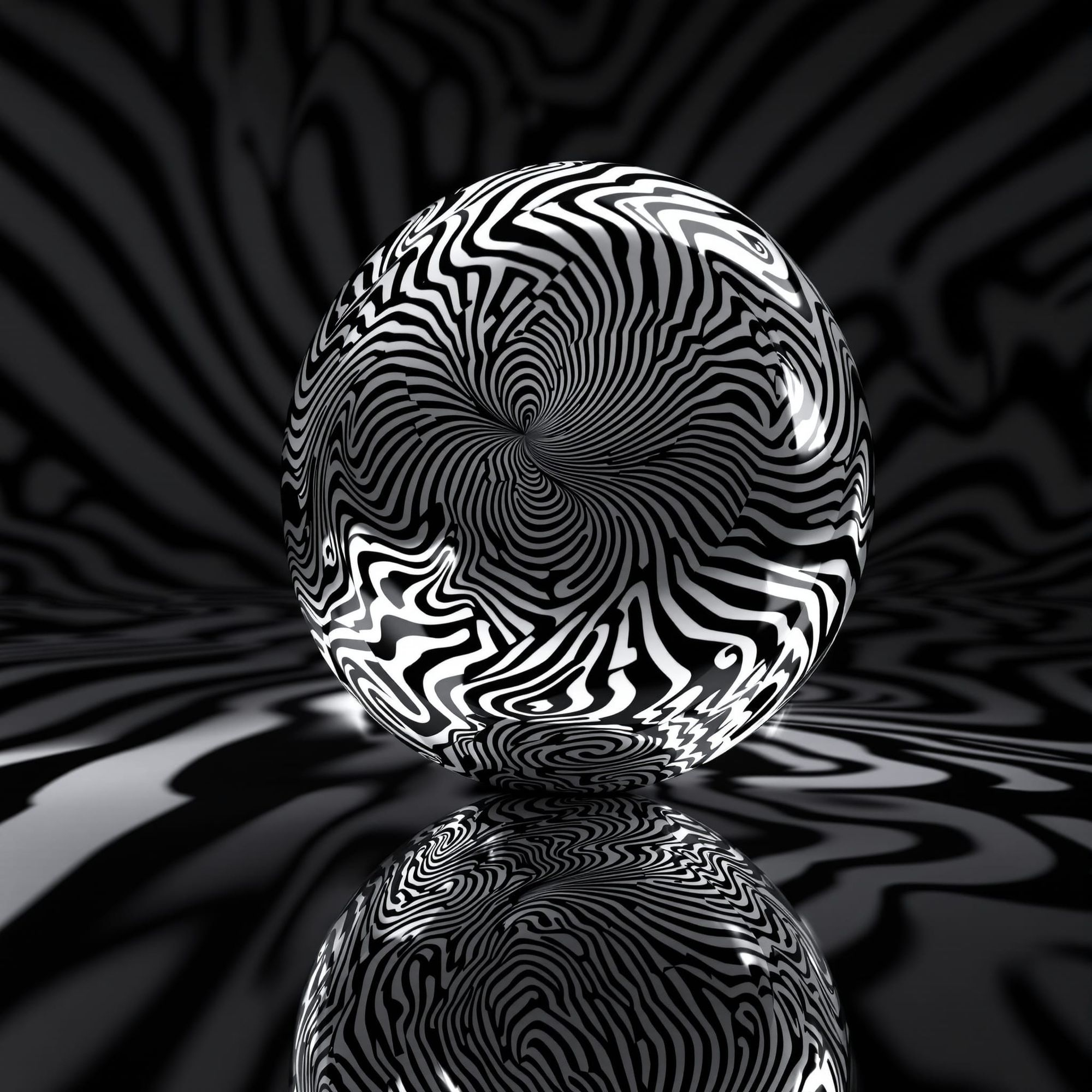 Photorealistic optical illusion featuring a highly reflective shiny chrome sphere resting on a mirrored surface. The sphere reflects a compl...
