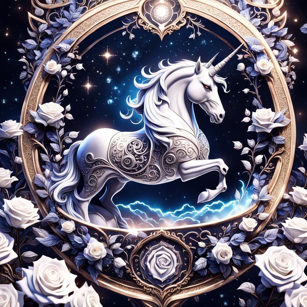 Obsidian Unicorn with (starlight filigree) white roses