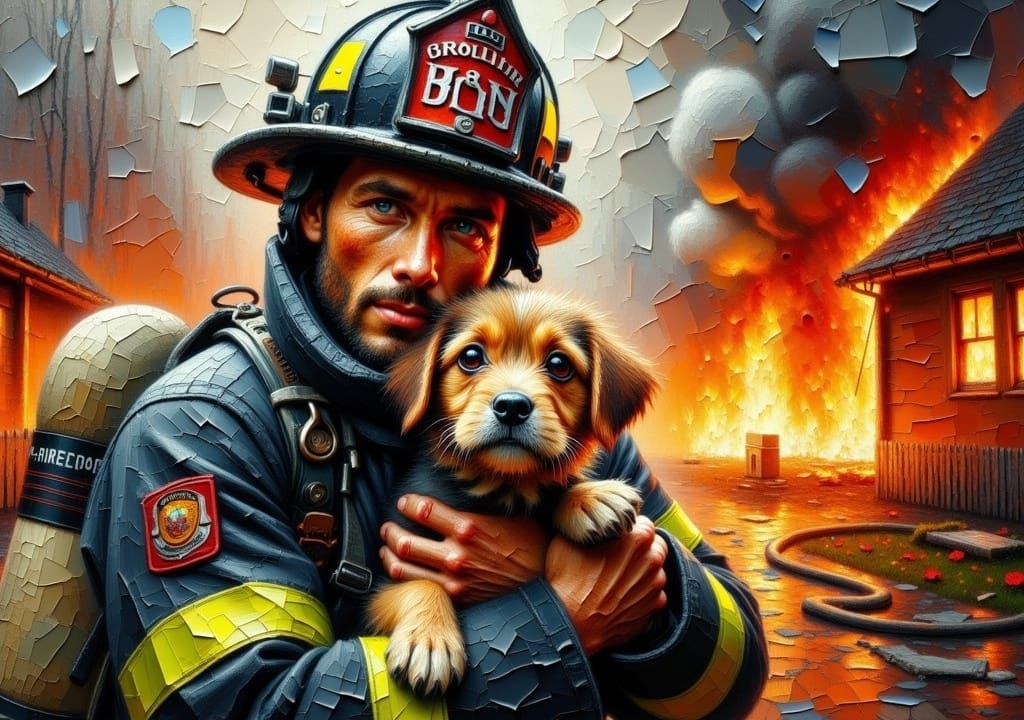 Expressionist impasto close-up painting from a low angle of a male fireman carrying a small dog in his arms, both facing viewer. Fireman wea...