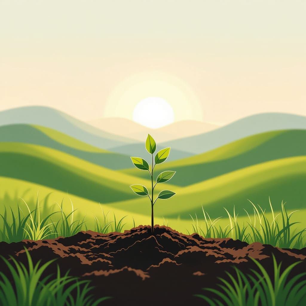 Serene Sunrise Over Rolling Hills with New Sapling