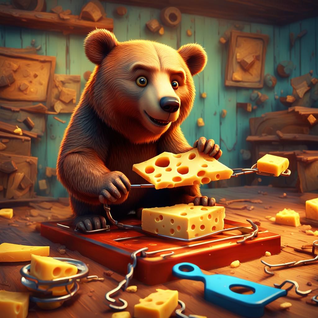 A bear who gets trapped in a mousetrap while eating cheese