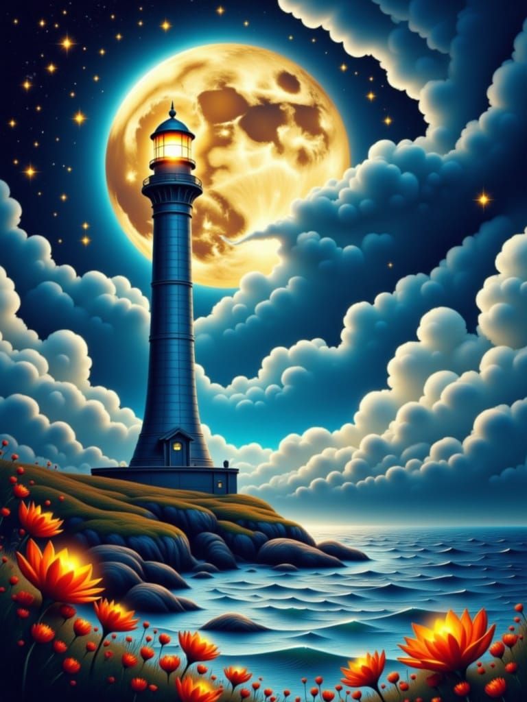 Ethereal Lighthouse Amidst Glowing Cosmic Bloom