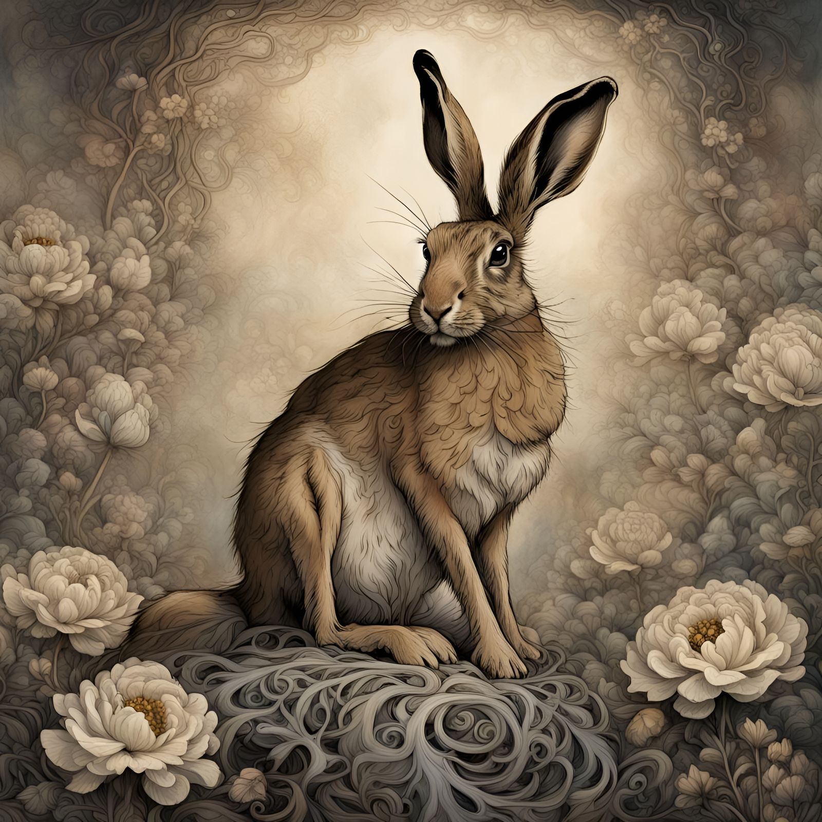 Arthur Rackham art style painting of a hare sitting on a ghostly lacey ...