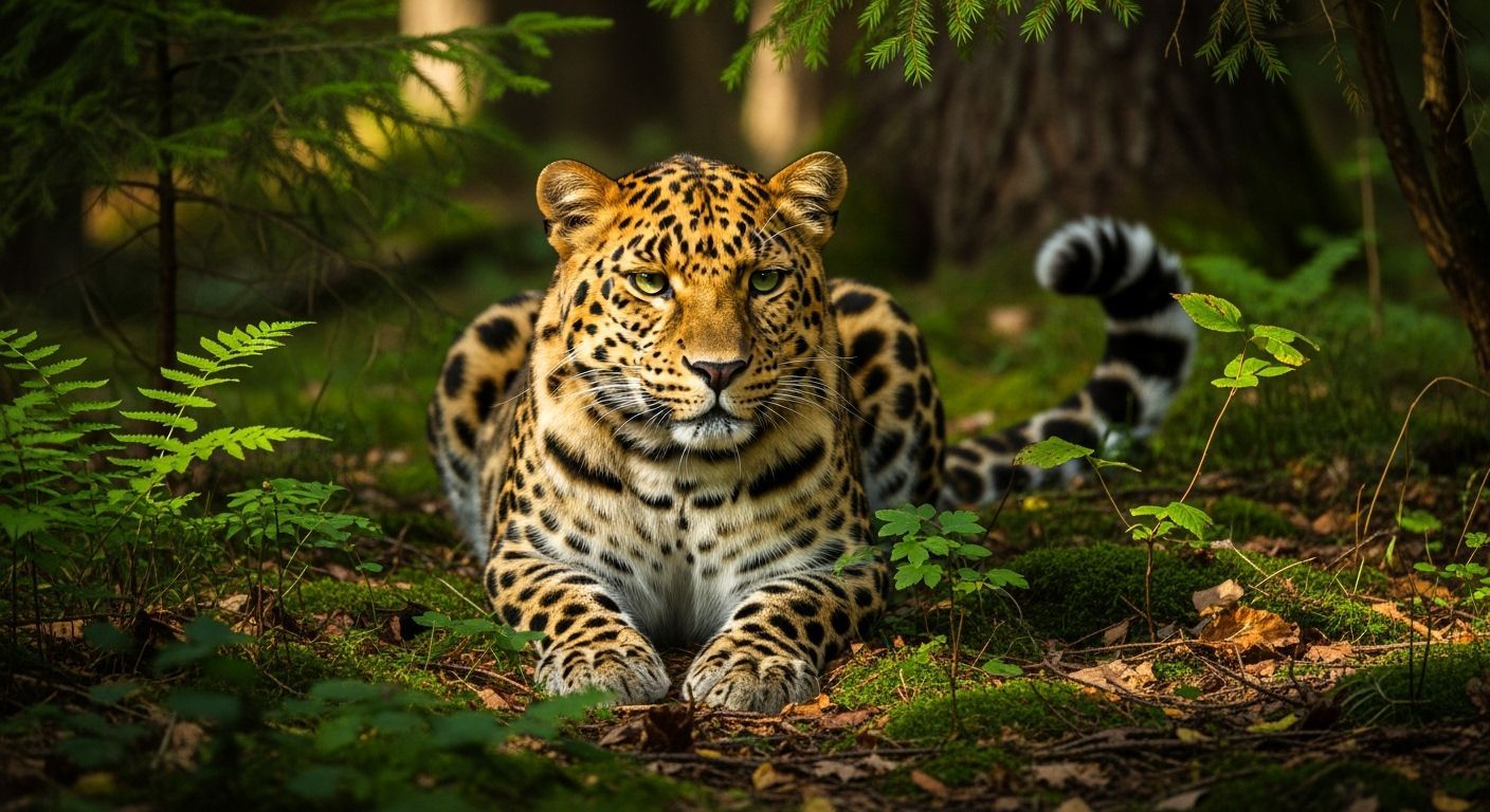Create an exceptionally realistic image of an Amur leopard (Panthera pardus orientalis) in its natural habitat. The leopard should have a th...