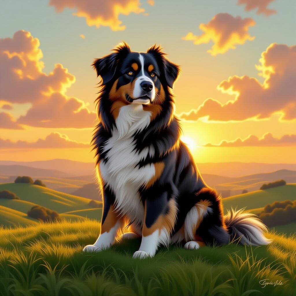 Majestic Giant Golden Dog on Lush Hill at Golden Hour